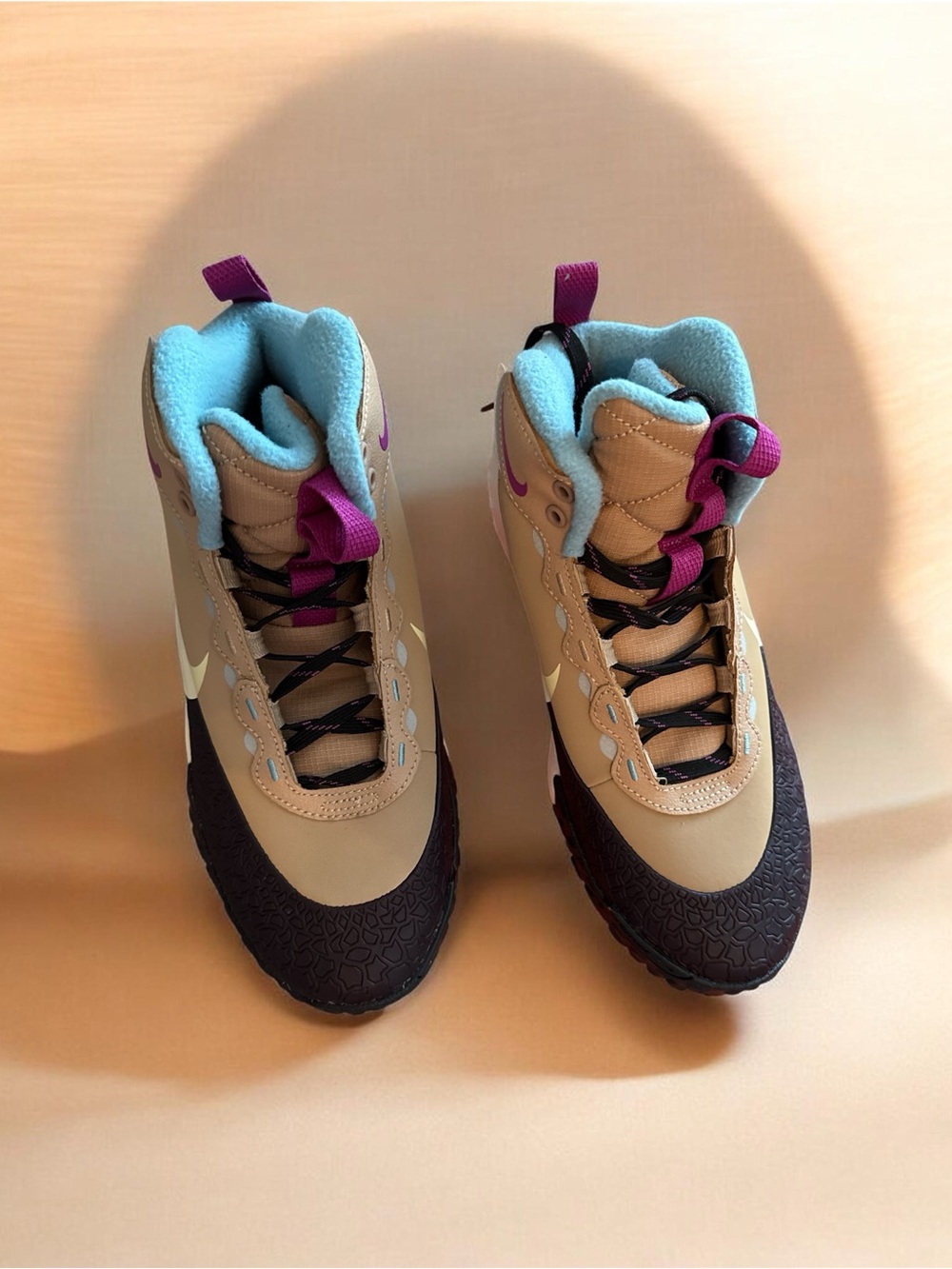 Nike High-Top Sneakers in Tan, Black & Light Blue with Purple Accents 4Y NWT